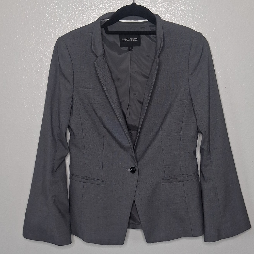 Banana Republic Long and Lean Blazer Gray Micro Check Lined Women's Careerwear 2